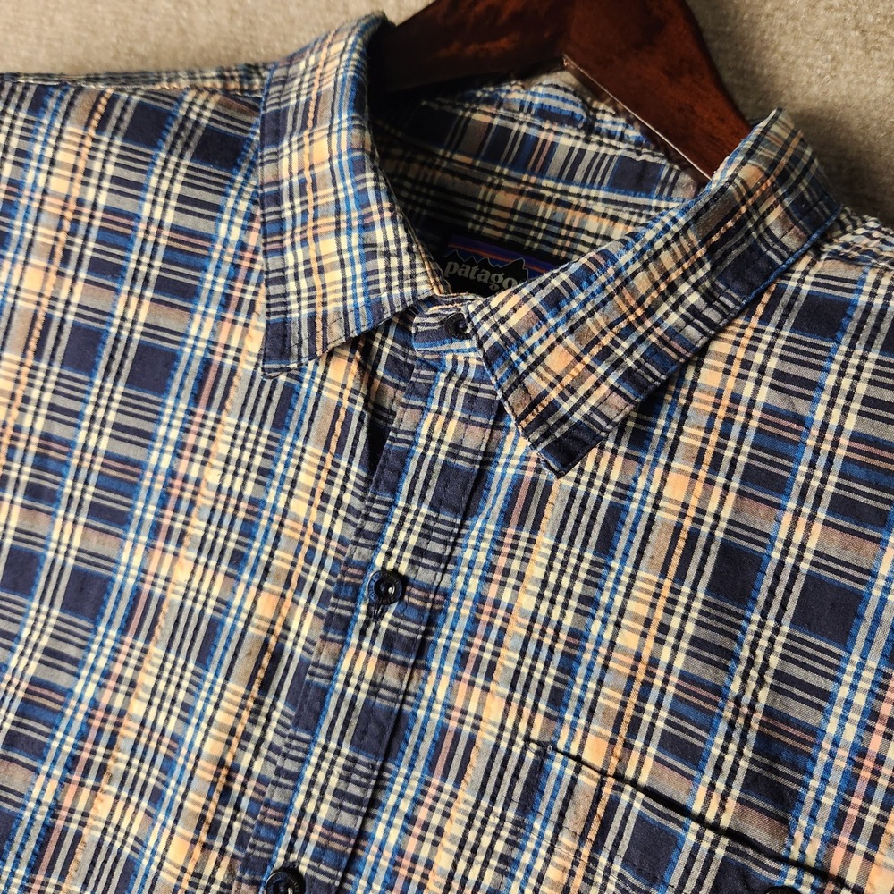 Patagonia Button Up Shirt Mens XL Blue Orange Plaid Short Sleeve Outdoor